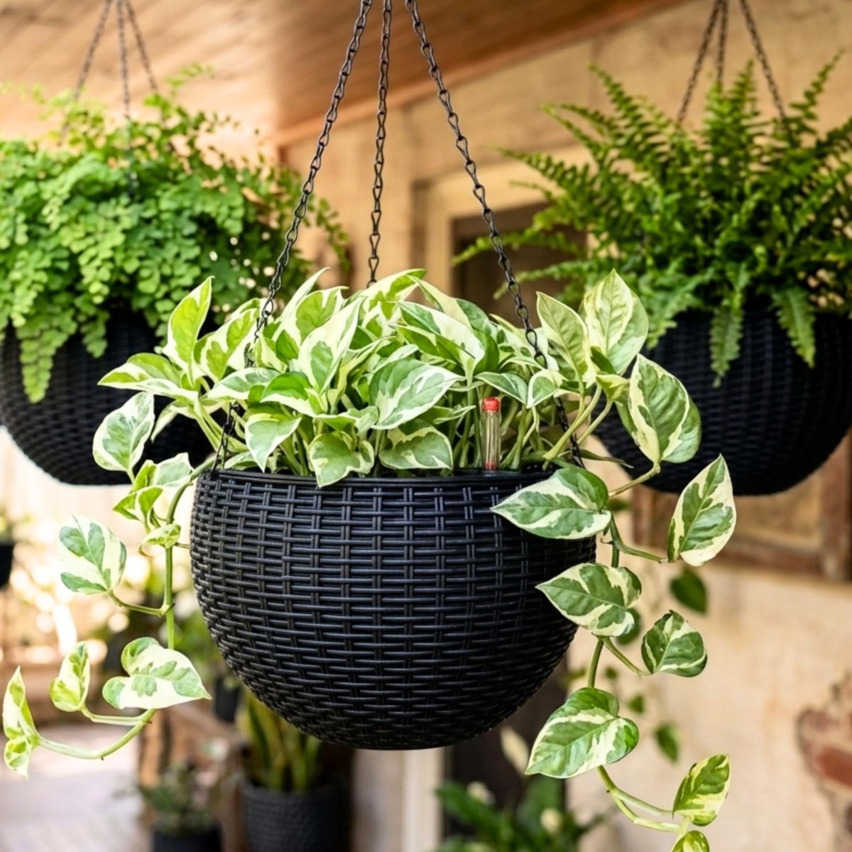 Hangplantenpotten, 28 cm, set van 4, zelfbewatering en waterpeilindicator, ronde bloempotten in rotan-look met zwarte metalen ketting, voor balkon, tuin en terras