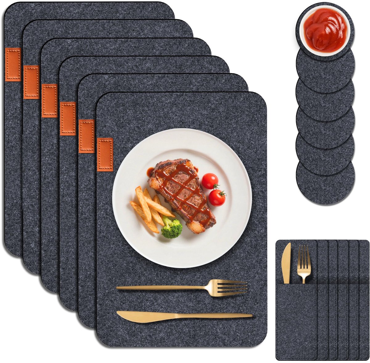 Placemats, afwasbaar, hittebestendig, afwasbaar, onderzetters, set van 18 placemats en onderzetters met bestekhoezen, bescherm je keuken- en eettafel, rechthoekig