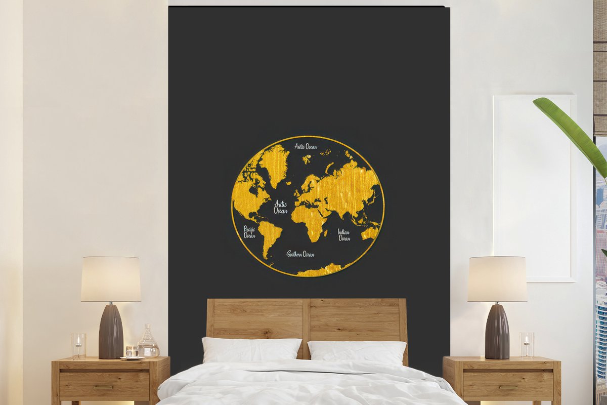 Behang - Fotobehang Wereldkaart - Cirkel - Goud - Breedte 180 cm x hoogte 280 cm