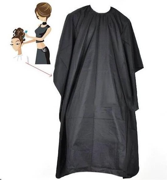 Zwarte kappersmantel op een witte achtergrond, met een kleine illustratie van een vrouw die haar knipt.