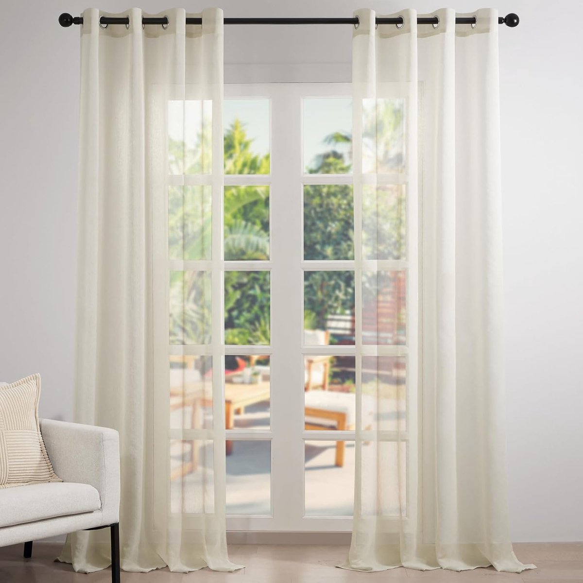 Gordijn, beige, linneneffect, voor ramen, woonkamer, modern, lichtfilter, 2 panelen, gordijnen voor binnen, met oogjes, halftransparant, decoratief, slaapkamer, volwassenen, keuken, 140 x 200