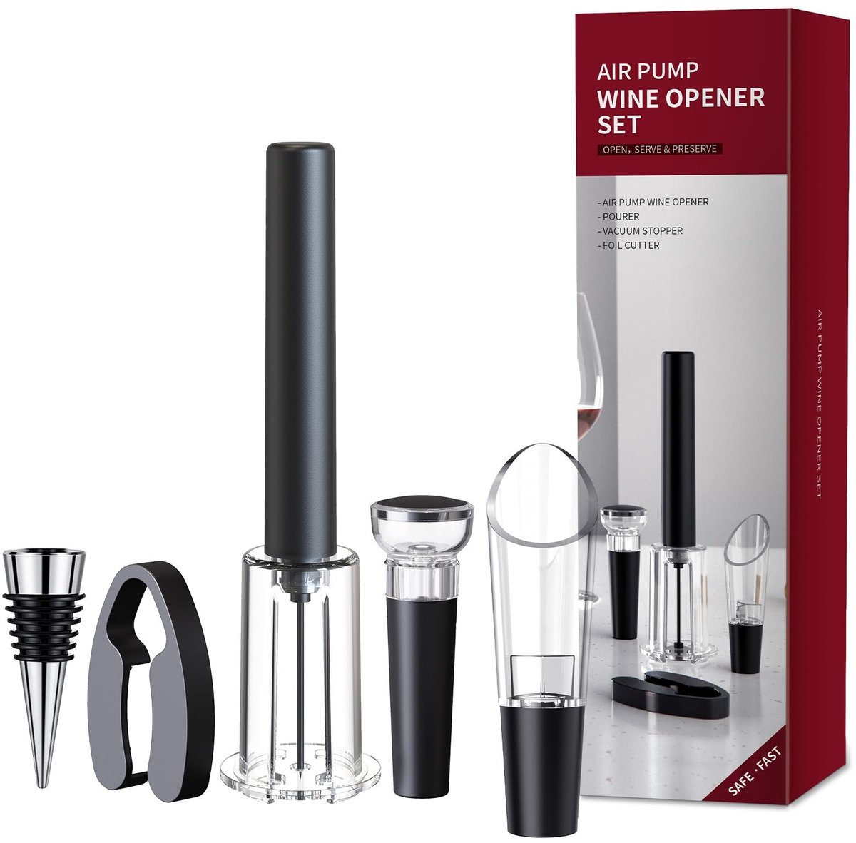 Dailygoods- Wijnopener Professioneel - Luchtdruk Kurkentrekker - Foliesnijder - Wijnstopper Set - Wijnschenker - Lichtgewicht en Corrosiebestendig