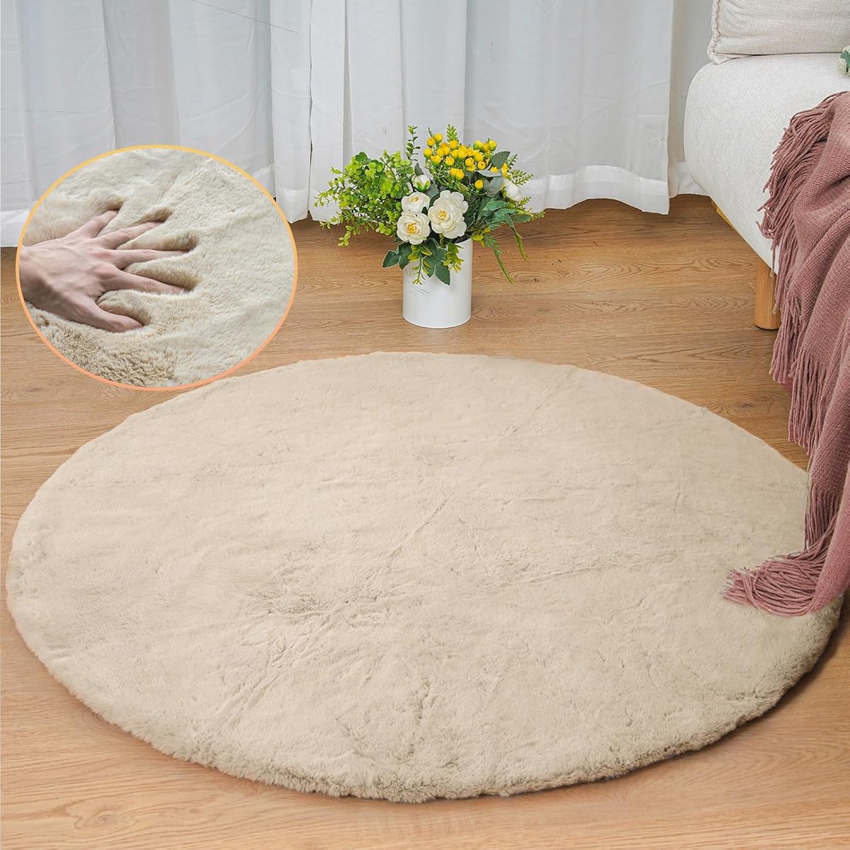 Tapijt rond 90 cm beige Konijnenbont Rond Tapijt Zacht Pluizig Vloerkleed voor Slaapkamer