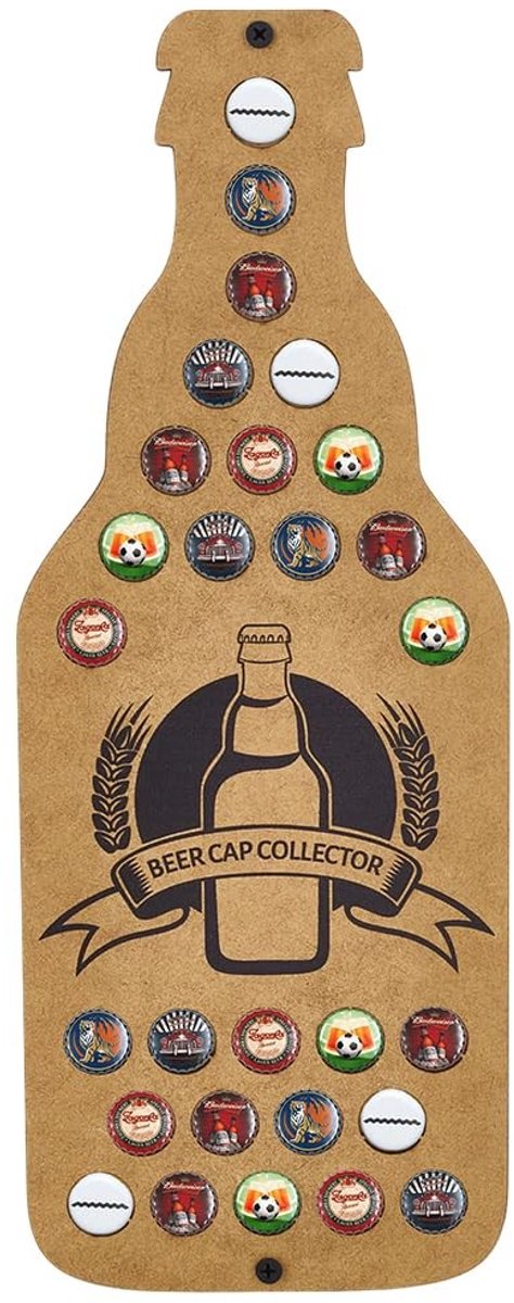 Dailygoods- Biercapsuleopvangbak Wandgemonteerd - Houten Opbergdienblad - 38 x 14,5 x 0,55 cm - Capaciteit 28 Flessendoppen - Eenvoudige Installatie - BurlyWood Kleur - Flessendoppenhouder