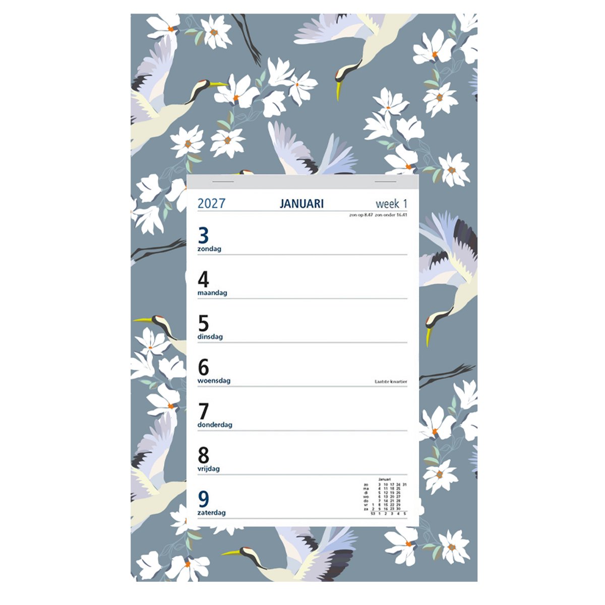 Castelli - weekkalender op schild 2027 - ringband - 2 weken overzicht - formaat 20x33cm - dessin schild Kraanvogels