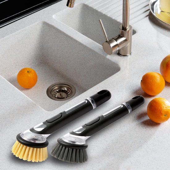 afwasborstel, 3 stuks afwasborstel met afwasmiddeldispenser, keukenborstel voor pot, pan, spoelreiniging, multifunctionele serviesborstel met 3 opzetborstels, afwasborstels met steel — afbeelding 3
