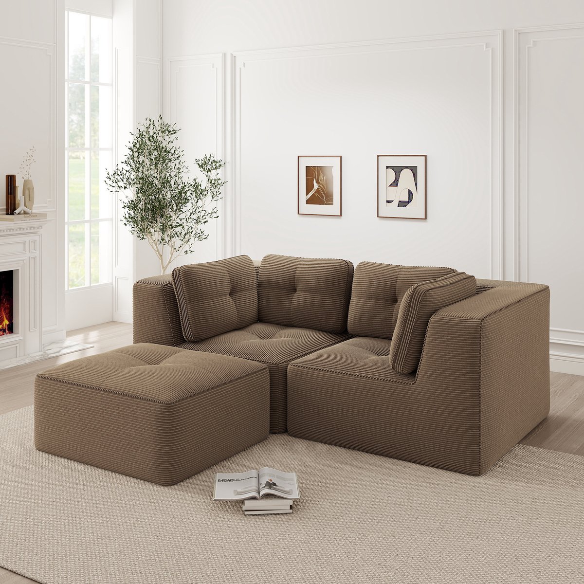 DESMIU Hoekbank 208 x 177 cm - Modulair 2-Zits Met Verplaatsbare Voetsteun - Voor Woonkame