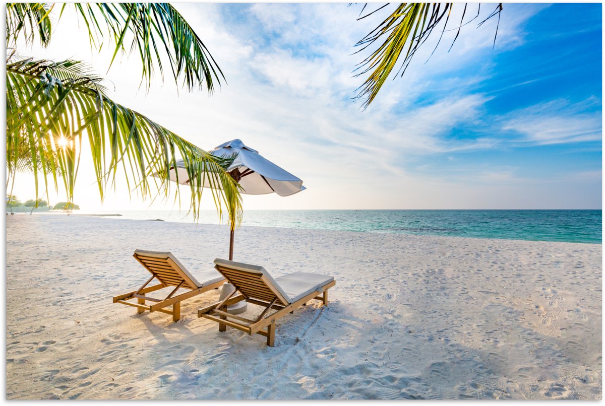 Poster 180x120 cm - Strandstoel - Parasol - Zonsondergang - Posters - Kamer decoratie - Wa