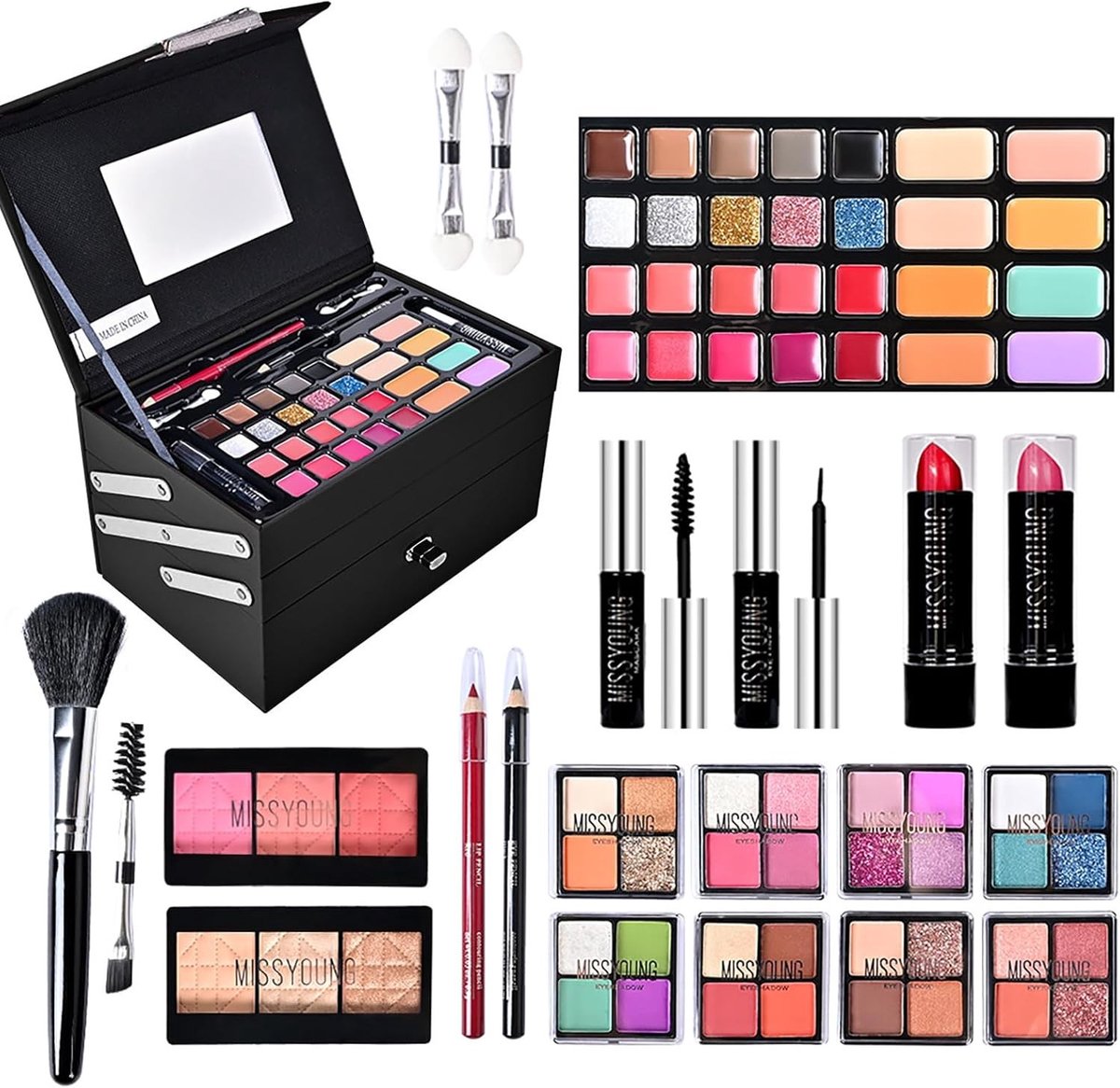 Professionele Make-up Set met Oogschaduwpalet, Borstels, Lippenstift en Mascara voor Vrouwen op Reis
