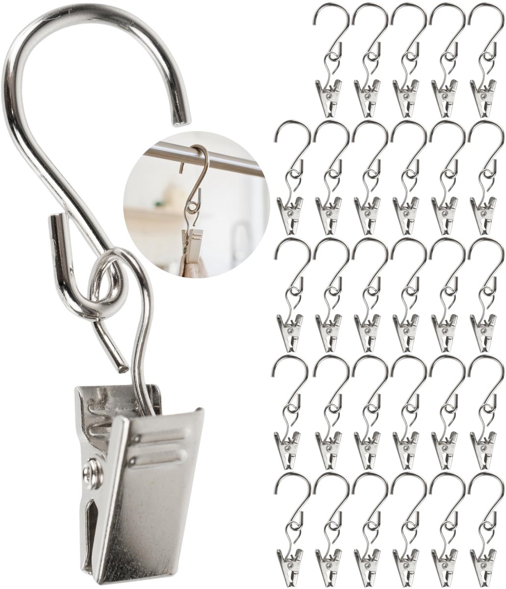Gordijnclips met S-Haak, 30 stuks, in Zilverkleur, met Ø 13 mm haakoog, 60 mm lange gordijnhaken, gordijnclips met S haak, gordijnclips met runnerhaken, multifunctionele metalen haakclip roede, s-hook