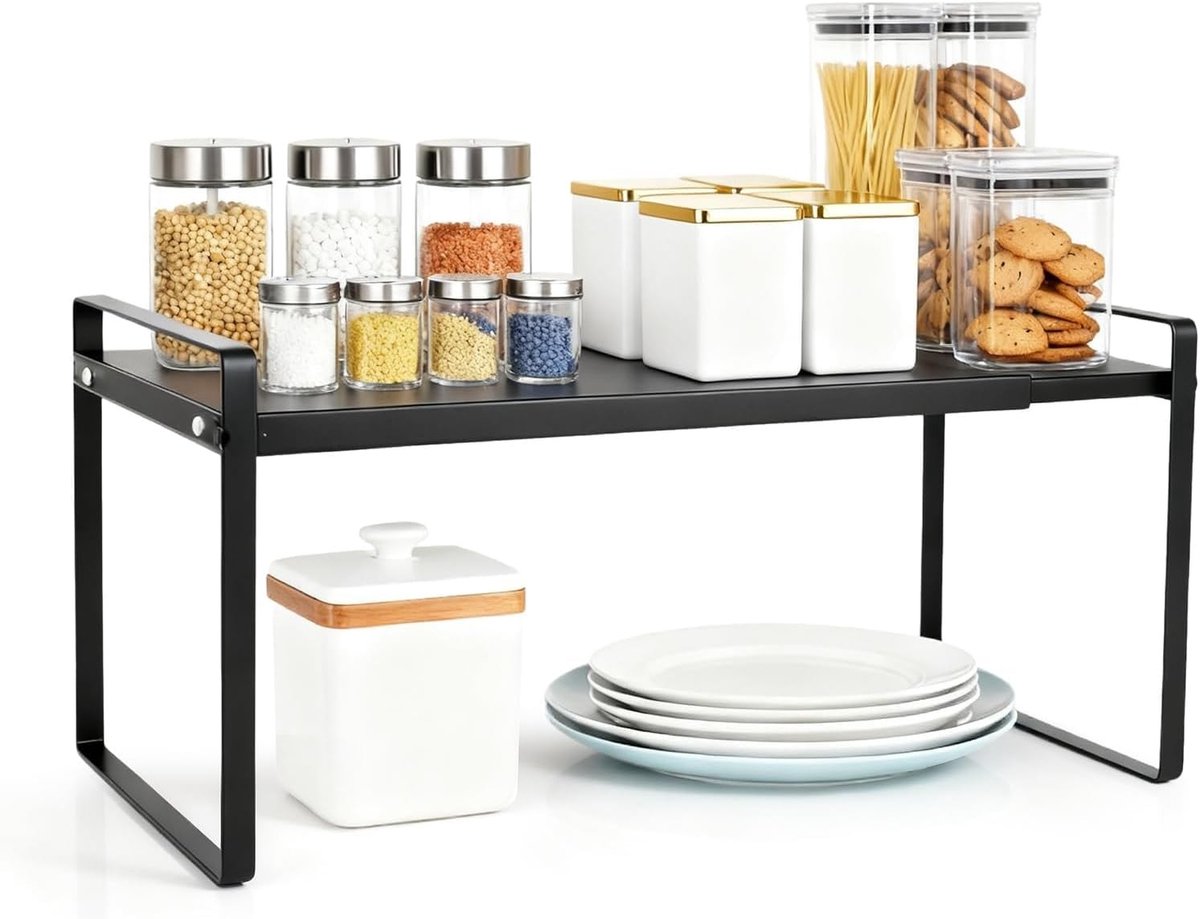 Uitbreidbare Keuken Kast Organisator, 21 x 18 x 36 cm, Verstelbare Keukenplank, Zwart Metaal Rek voor Keuken, Werkblad, Eetkamer en Badkamer - Ruimtebesparend en Functioneel