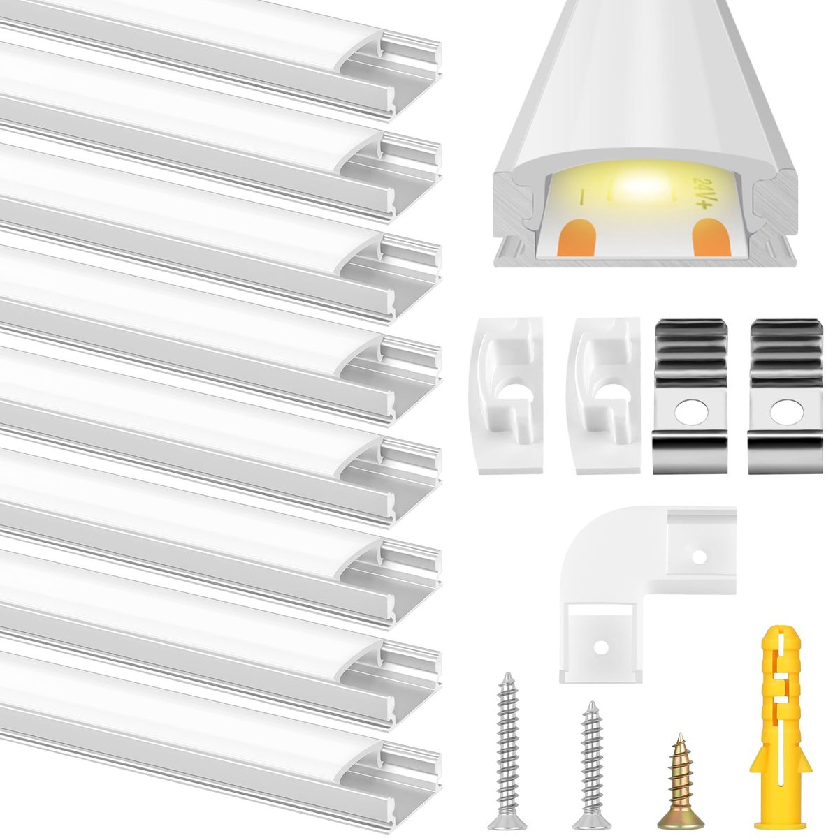 Aluminium profiel, 2,4 m/7,9 ft U-vormig led aluminium kanaal, led kanalen en diffusers met melkwitte afdekking, eindkappen, montageclips en hoekconnectoren