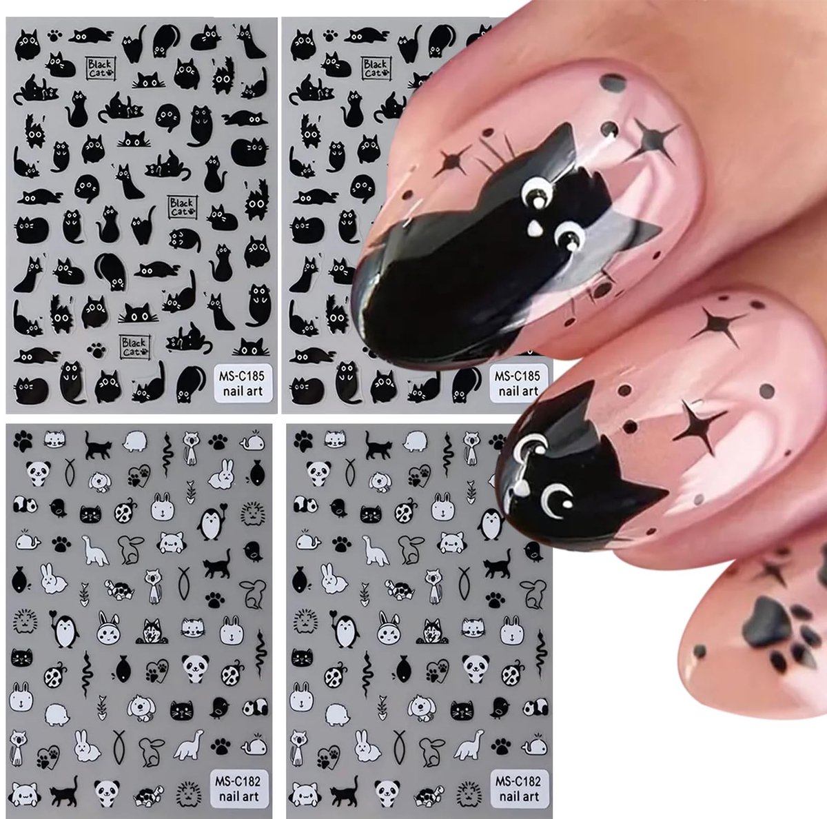 Dailygoods- Nagelstickers 4 vellen - Zelfklevend - Kattendesigns - 3D-effect - Nail art voor kinderen - Creatieve nagelverfraaiing