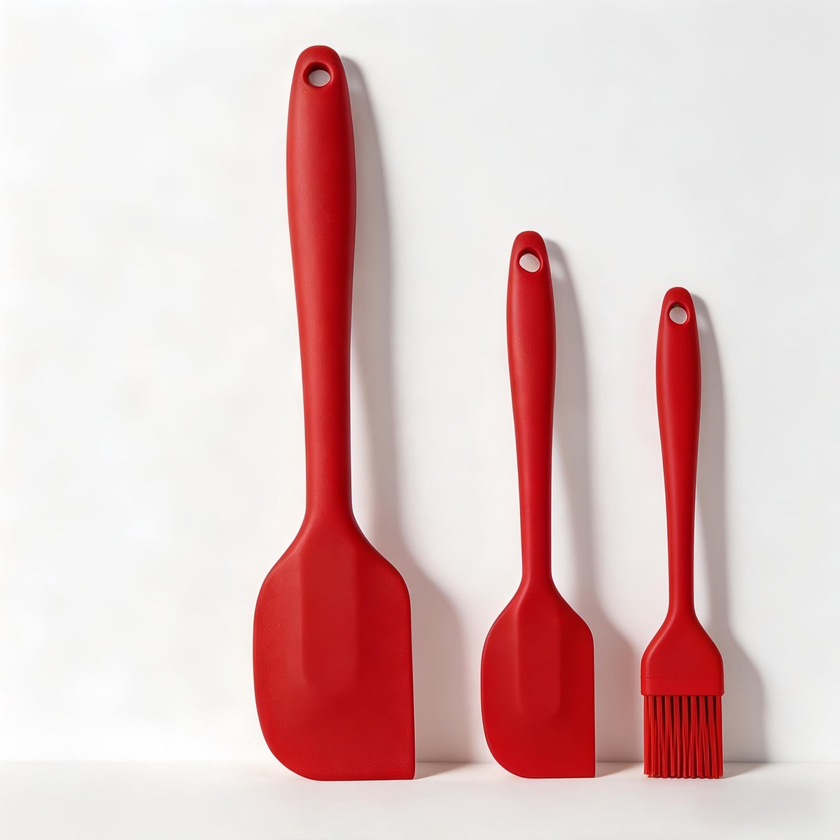 3 Stuks Siliconen Spatels, 1 Bakborstel+ 2 Schrapers， Hittebestendige 230 °C, Eendelige, Naadloze Antiaanbakrubberen Schraper, BPA-vrij (Rood)