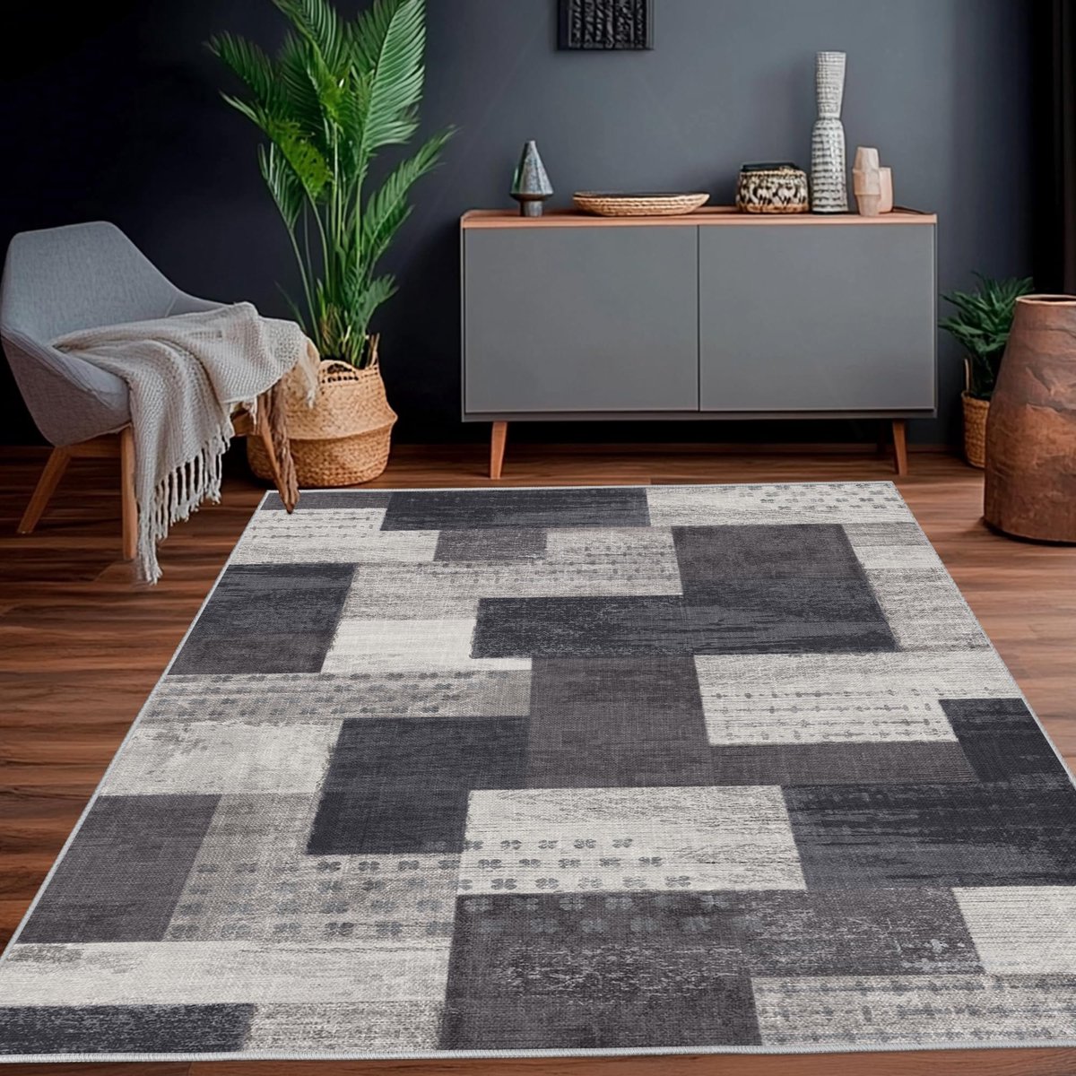 geometrisch patchwork indoor woonkamer tapijt, antraciet 120x160 cm grote tapijten Rockwood collectie vloeren decor voor slaapkamer grijs zacht laagpolig wasbaar tapijt gebied