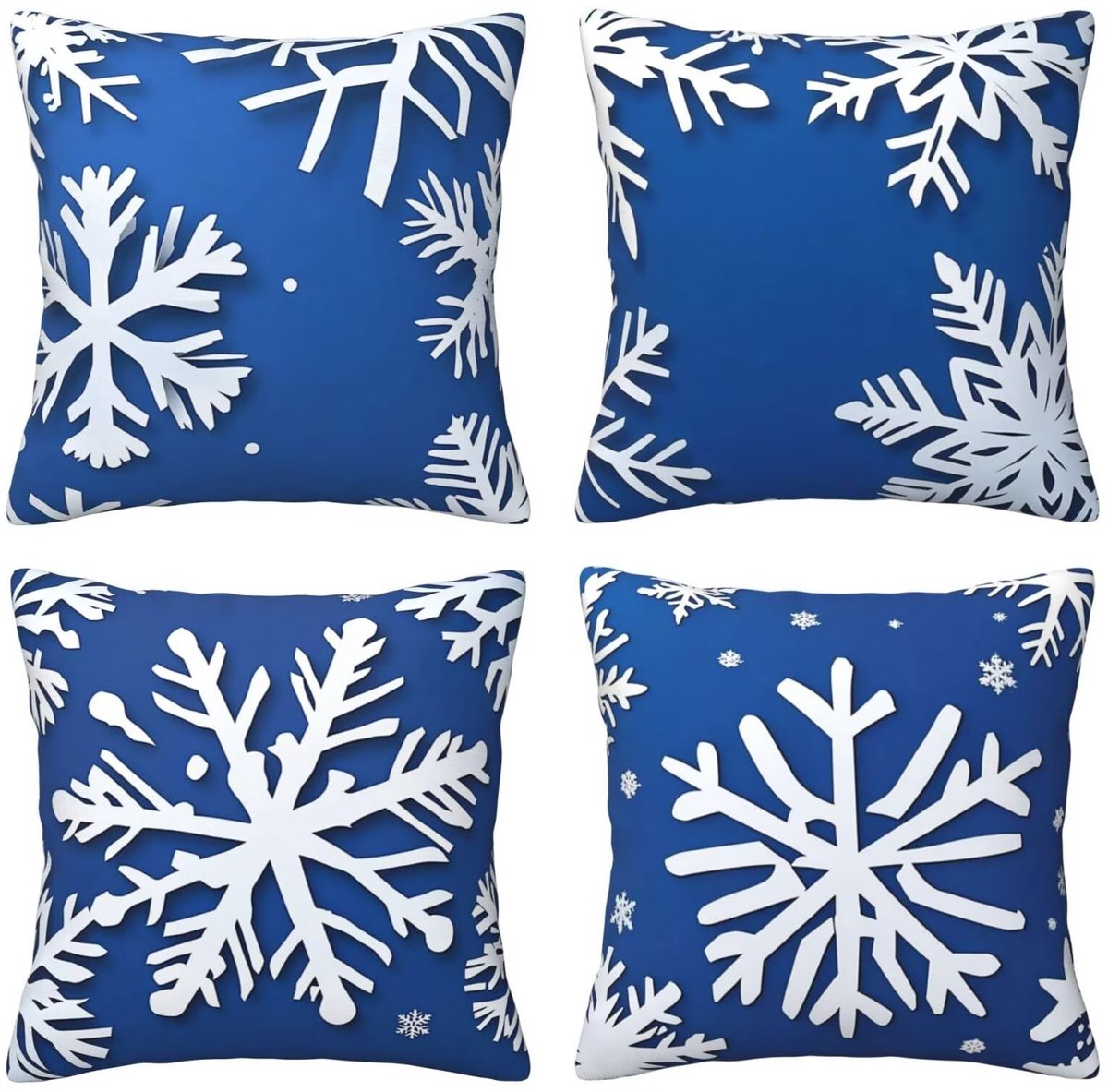 Set van 4 kussenhoezen, sierkussenhoezen met witte sneeuwvlokken, 65 x 65 cm, behaaglijk, kussenhoes met onzichtbare ritssluiting, zacht, wollig, bankkussen, wasbaar, voor terras, bank, woonkamer