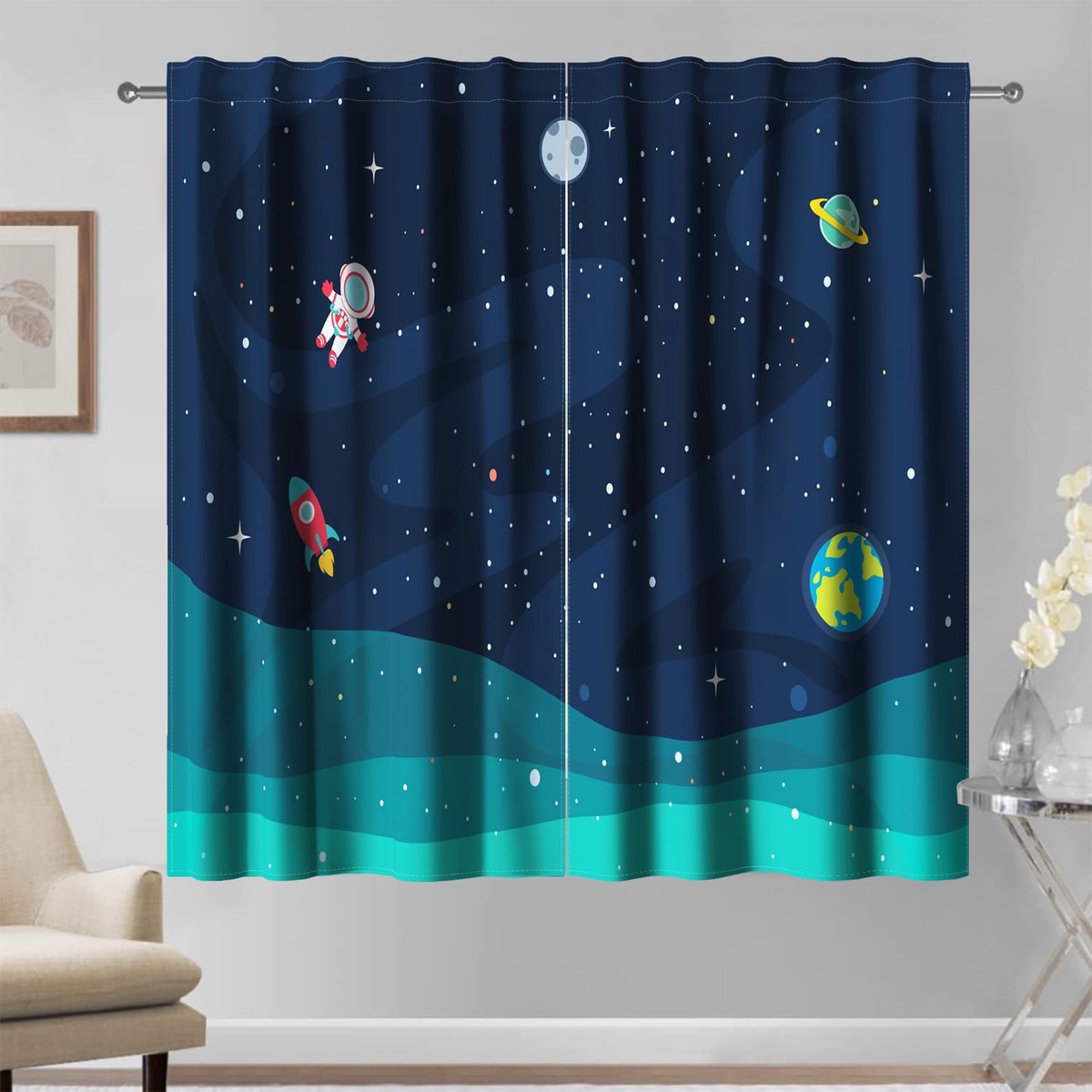 Gordijnen met Astronautenprint - Raamgordijnen Paneel - Kinderkamer Decoratie - Lichtblokkerend en Geluidsisolerend - 107 x 215 cm - Blauw Groen