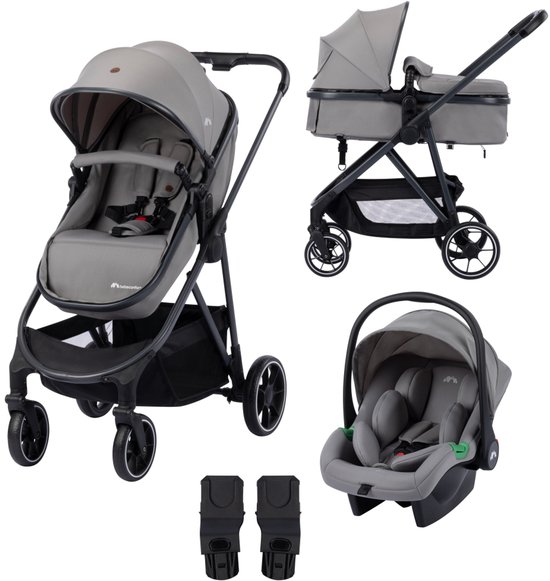 Een grijze kinderwagen met reiswieg en autostoeltje, met adapters.