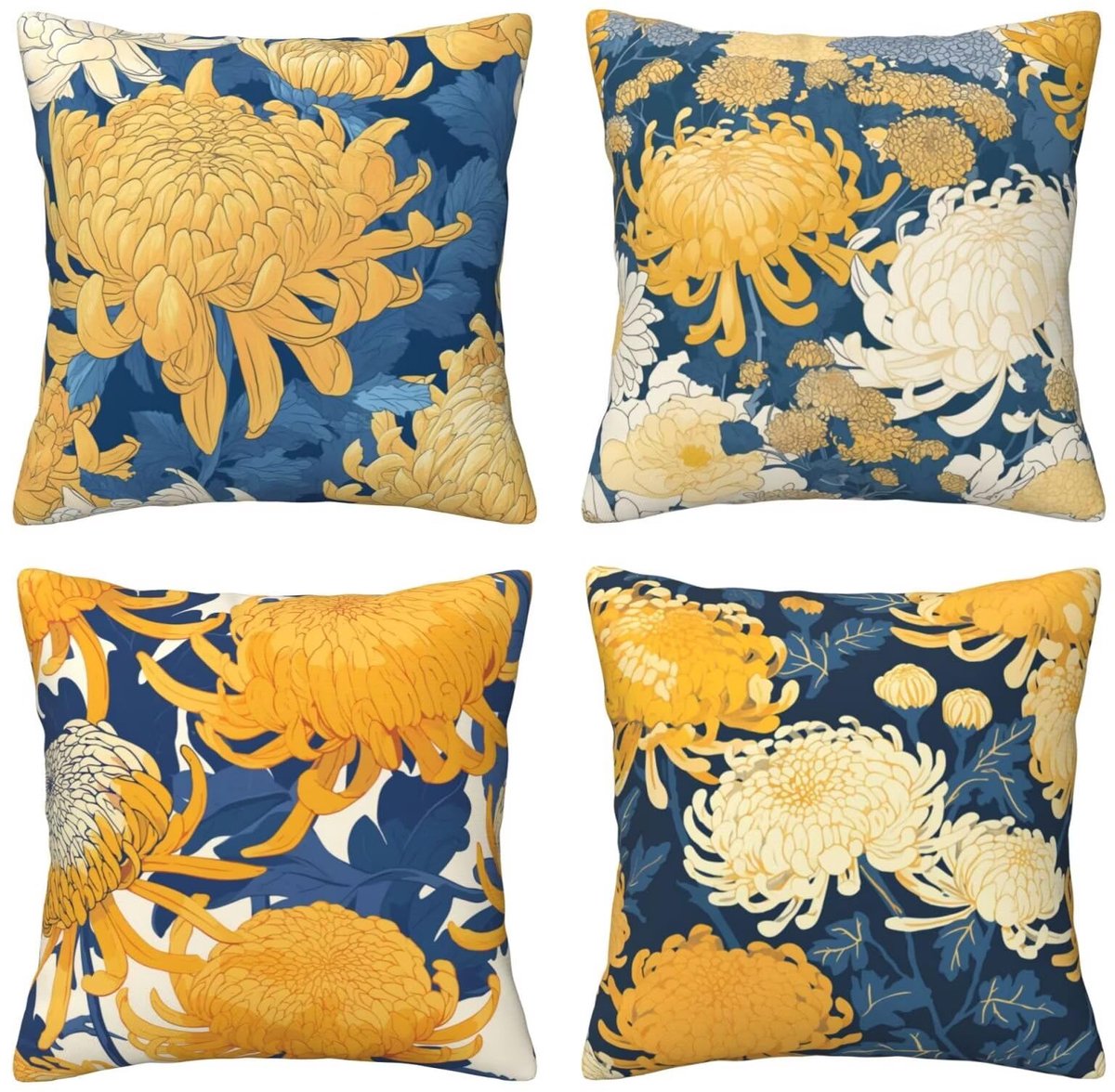 Kussenslopen van 65 x 65 cm, set van 4 stuks, beide zijden, zachte kussenslopen met onzichtbare rits, voor slaapbank, woondecoratie gele en witte chrysant, set van 4 kussenslopen 26 x 26 inch U3839