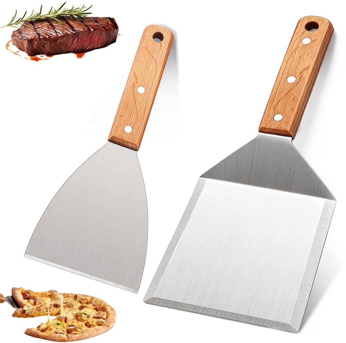 Spatel, 2 stuks, roestvrij staal, grillschraper, grillspatel, grillaccessoires, voor plancha en grill – voor het omdraaien van hamburgers, pizza's, steaks en meer (2 verschillende stuks)