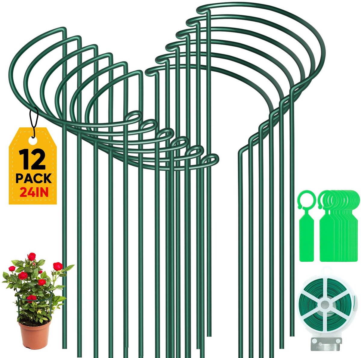 12 stuks 25 cm x 60 cm plantensteunen voor pioenrozen, metalen halfronde tuinplantenhouder, rond, plantenhouder, bloemensteun voor kamerplanten, hortensia's, rozen, groenten, tomaten, bloemen