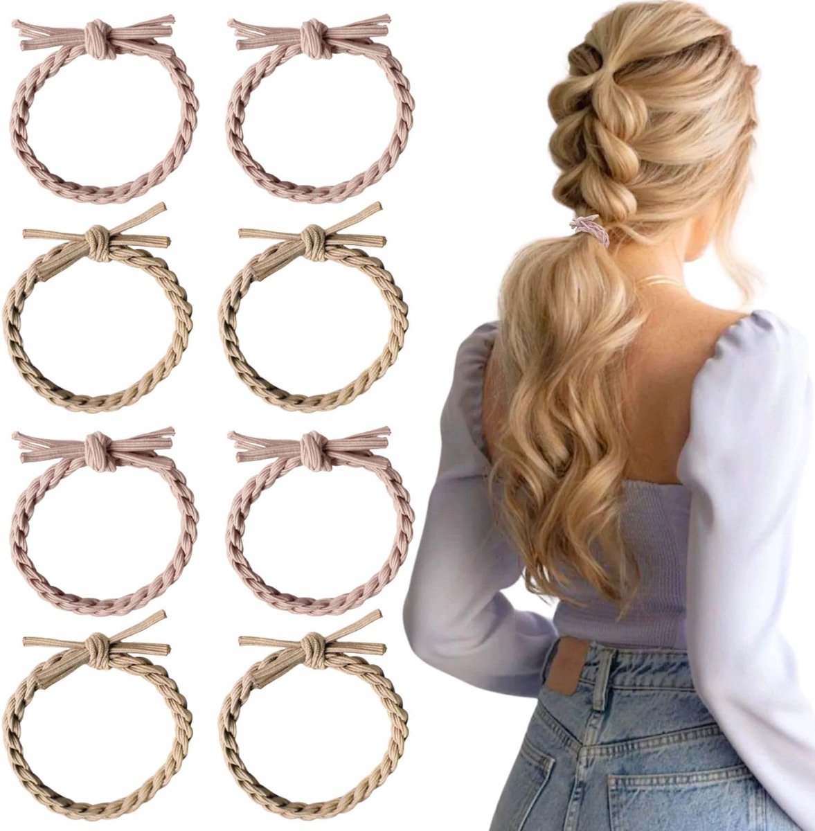 Elastiekjes voor paardenstaart, 2 kleuren voor vrouwen en meisjes, haarband, accessoires voor dik haar, roze + goud (8 stuks)