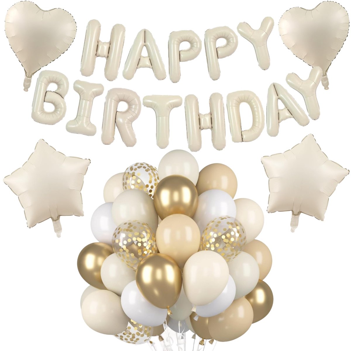 Happy Birthday ballonset, crèmewit en goud, folieballonnen met hart- en stervorm, confetti-latexballonnen, 47-delig