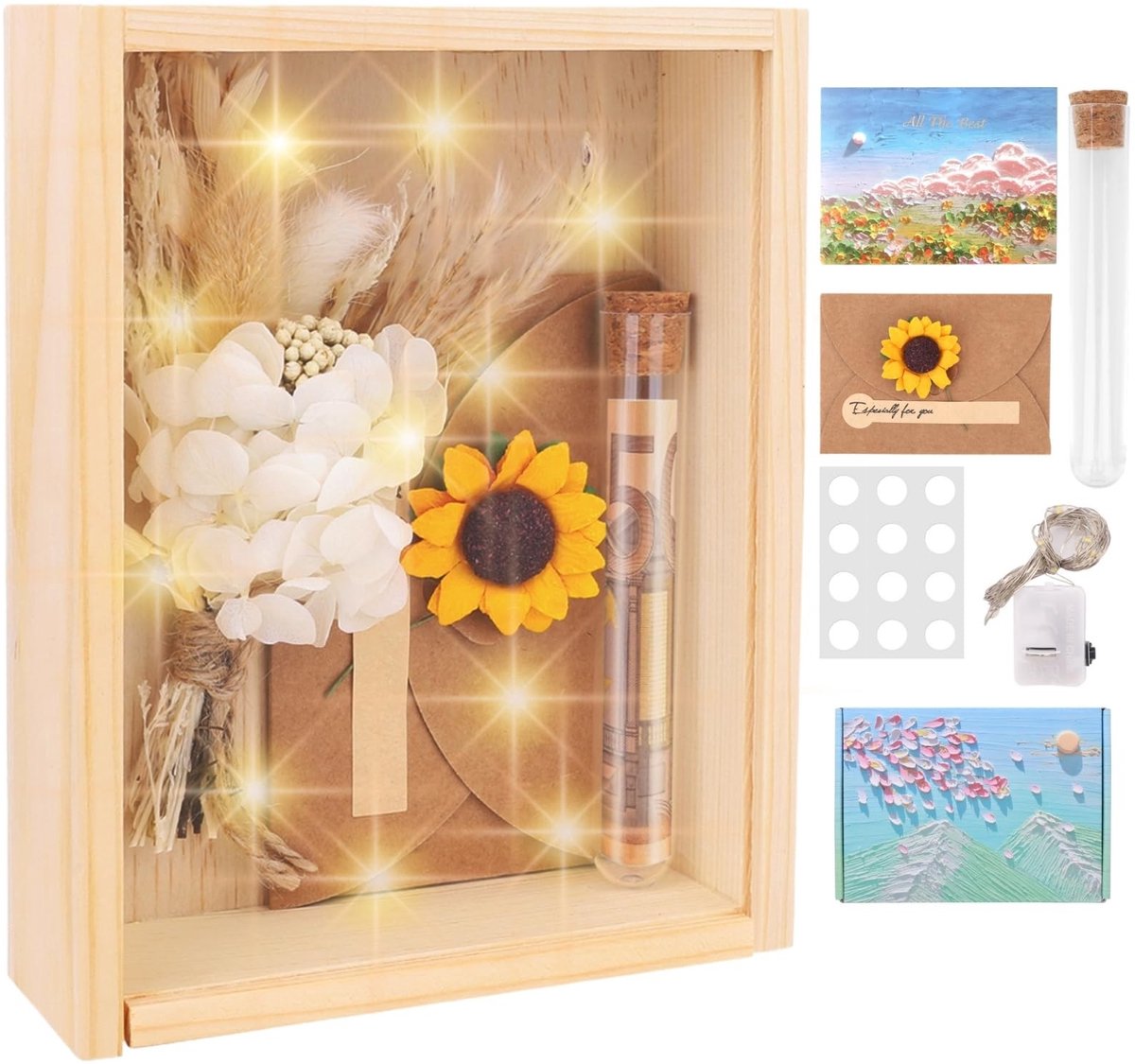 Dailygoods - Huwelijkscadeau voor bruidspaar, geschenkdoos bruiloft, inclusief houten doos, gedroogde bloemen, kunststof reageerbuisje, lichtketting, geschenkdoos met droogbloemen voor verloving, jubileum
