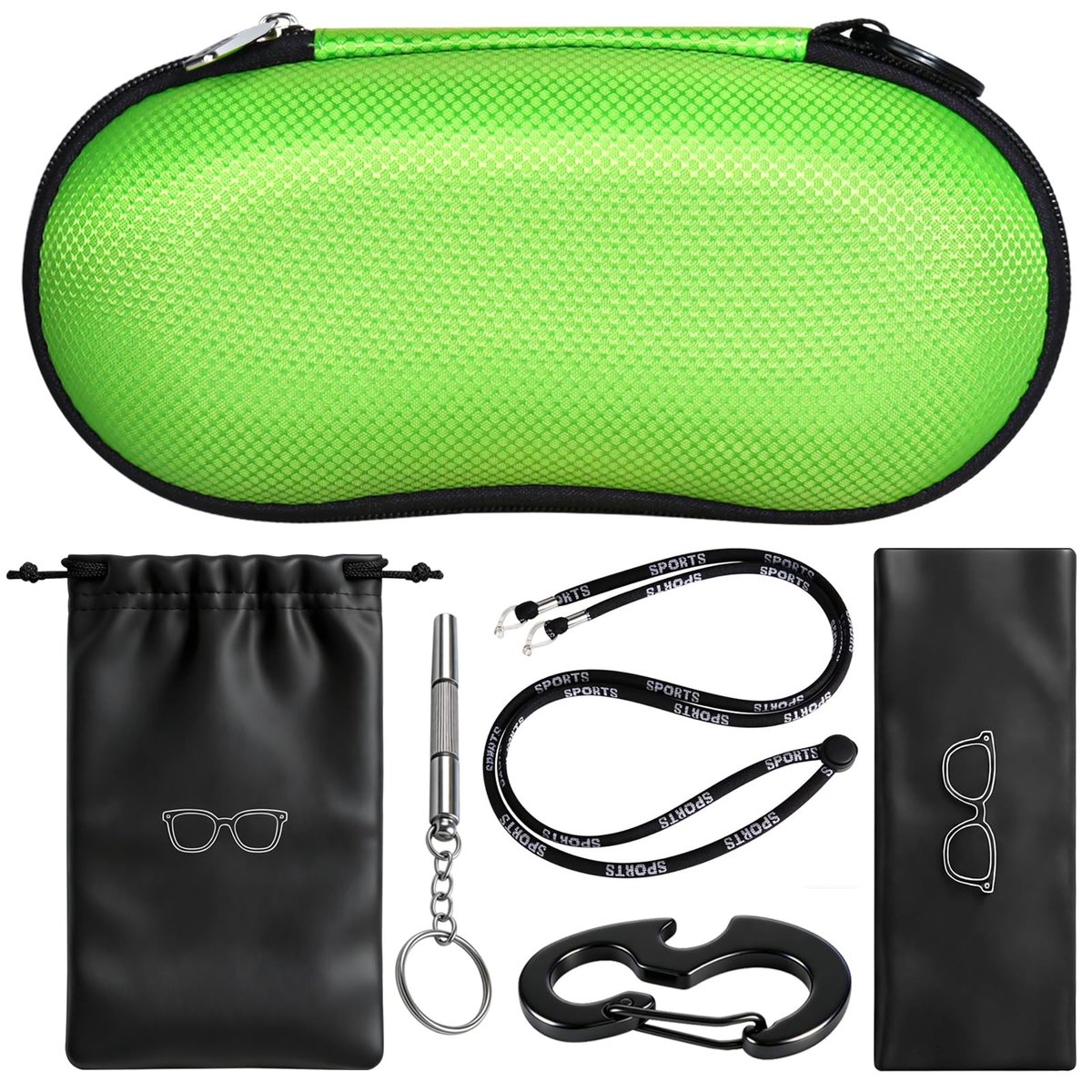 Dailygoods- Zonnebrillenkoker - Hartschalen - Krasbestendig - EVA-materiaal - Karabijnhaak - Geschikt voor grote brillen - Inclusief microvezeldoek - Brillenetui