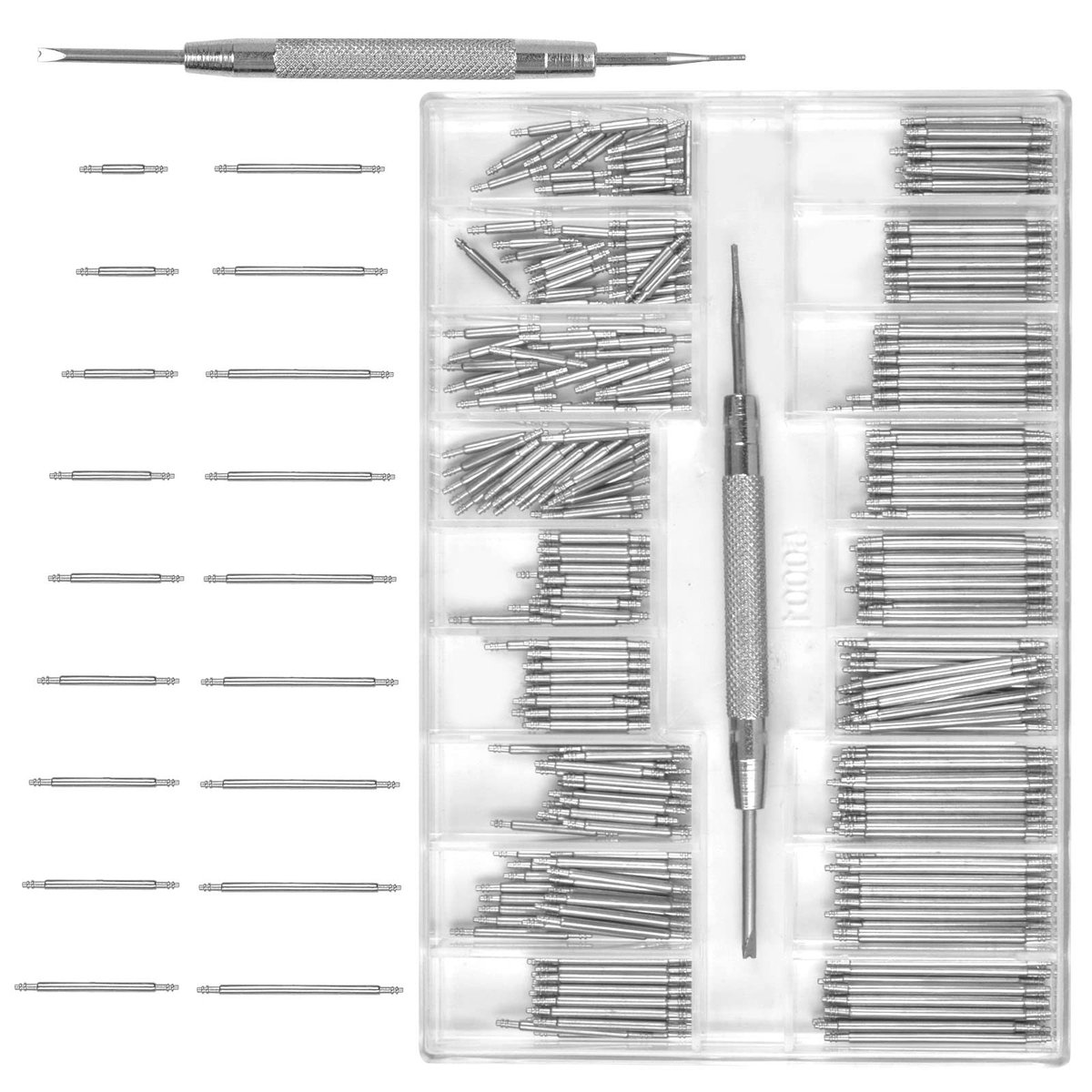 Dailygoods- Horlogepennen 360 Stuks - Horloge Veergereedschap - Horlogeband Verbindingen - Veerstaven - 18 Maten 8-25 mm - Gewicht 90 Gram - Horlogeaccessoires