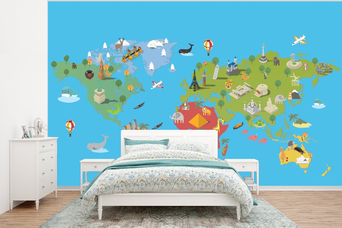 Behang - Fotobehang Wereldkaart Kinderen - Modern - Symbolen - Breedte 320 cm x hoogte 240 cm