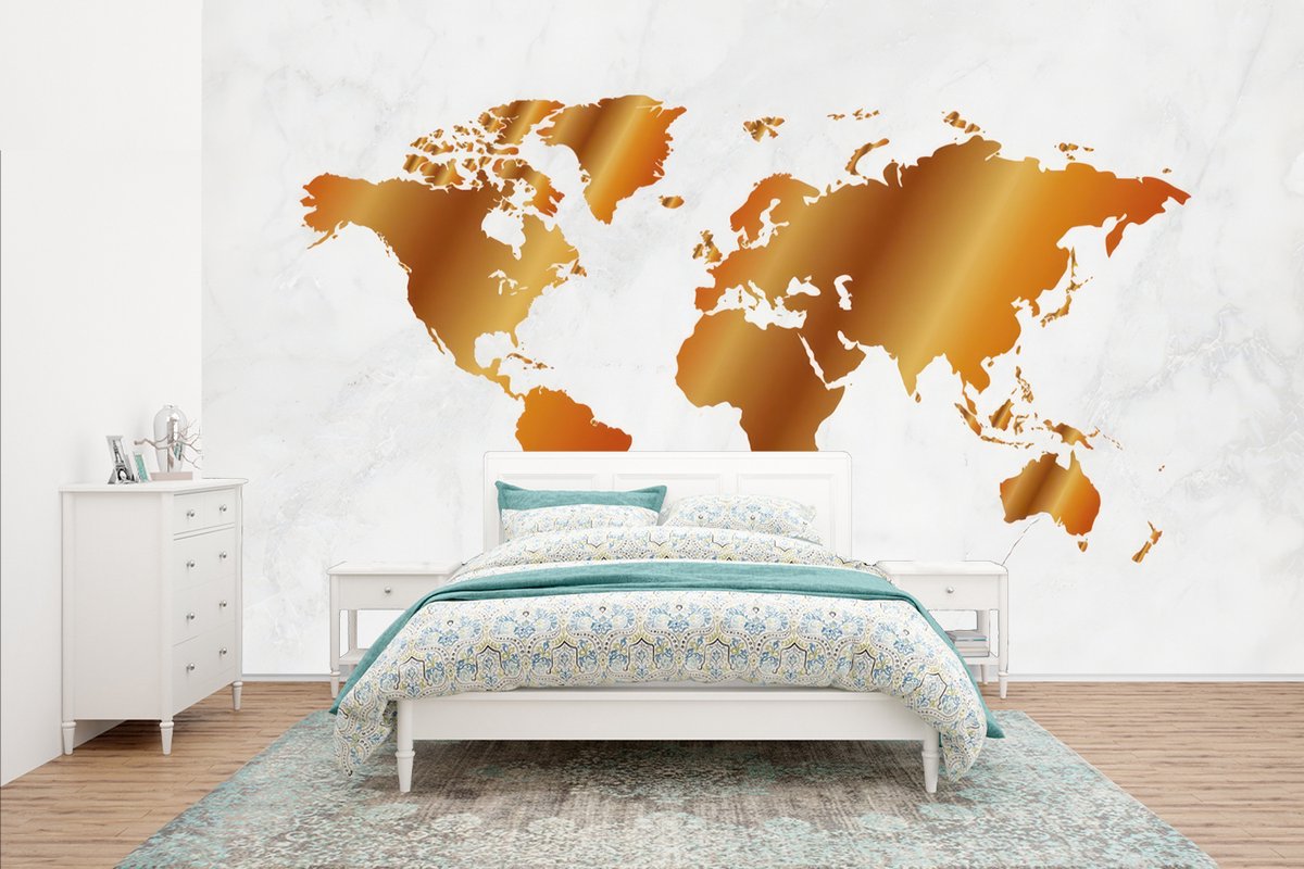 Behang - Fotobehang Wereldkaart - Marmer - Goud - Breedte 435 cm x hoogte 260 cm