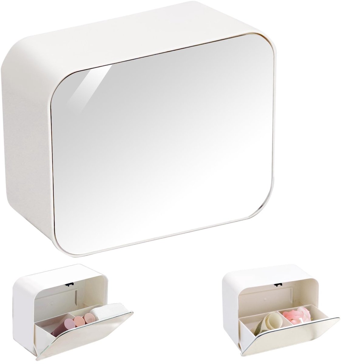 Dailygoods - Qtip Houder met spiegel voor muur, push-type wattenstaafjes ballen ronden dispenser, zelfklevende badkamer muur organizer voor floss pick make-up pads haarband, 2 sleuven