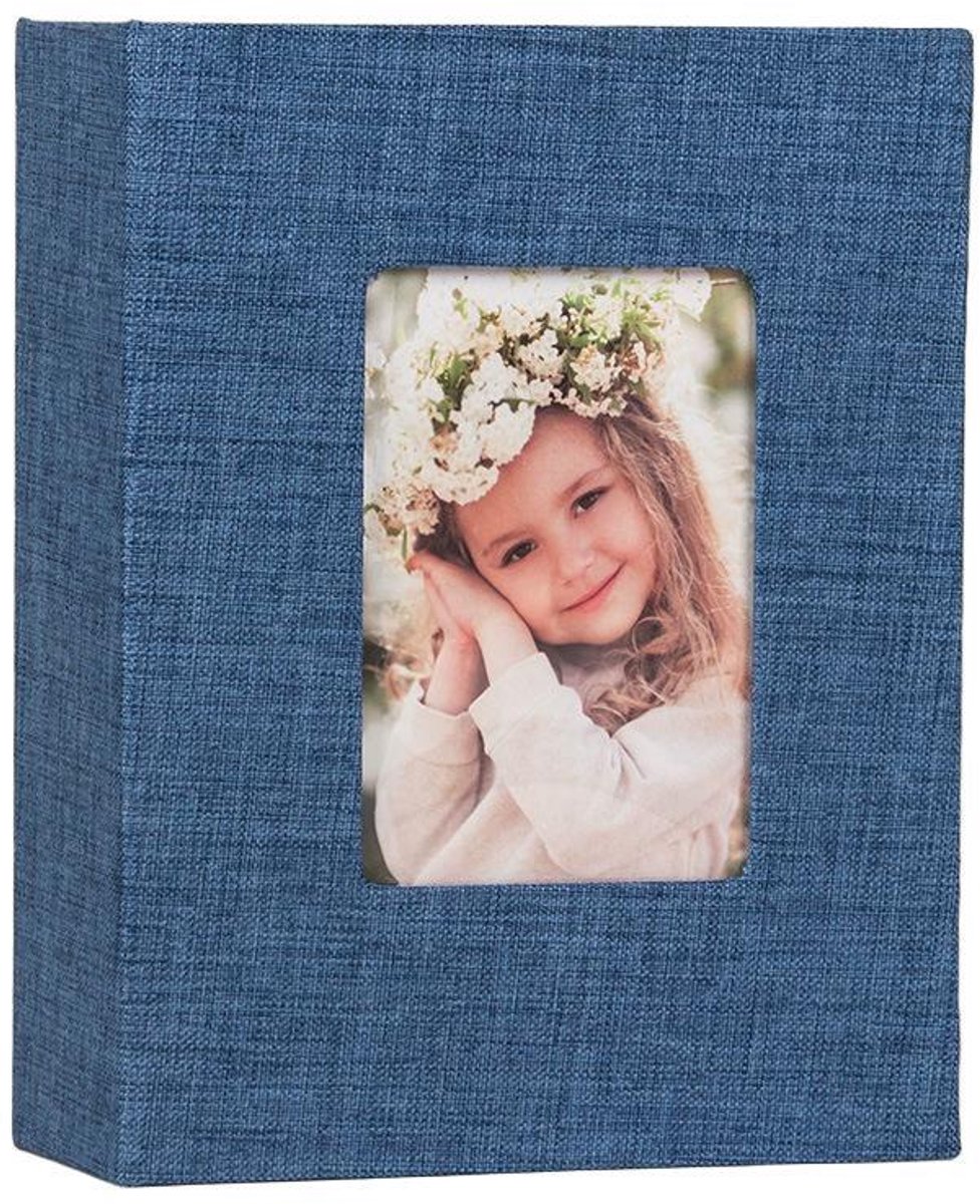 Zelfklevend fotoalbum – Met fotovenster – Geschikt voor 6-inch foto's – Linnen kaft – DIY-plakboek – 50 witte pagina's – Onmisbaar voor op reis – 16,5 x 12,5 cm – blauw