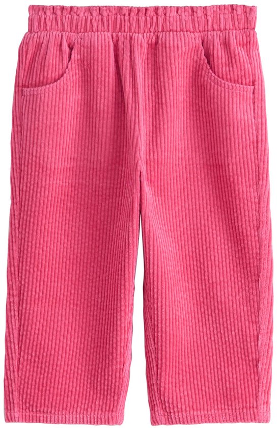 Roze corduroy broek met elastische tailleband en twee voorzakken.