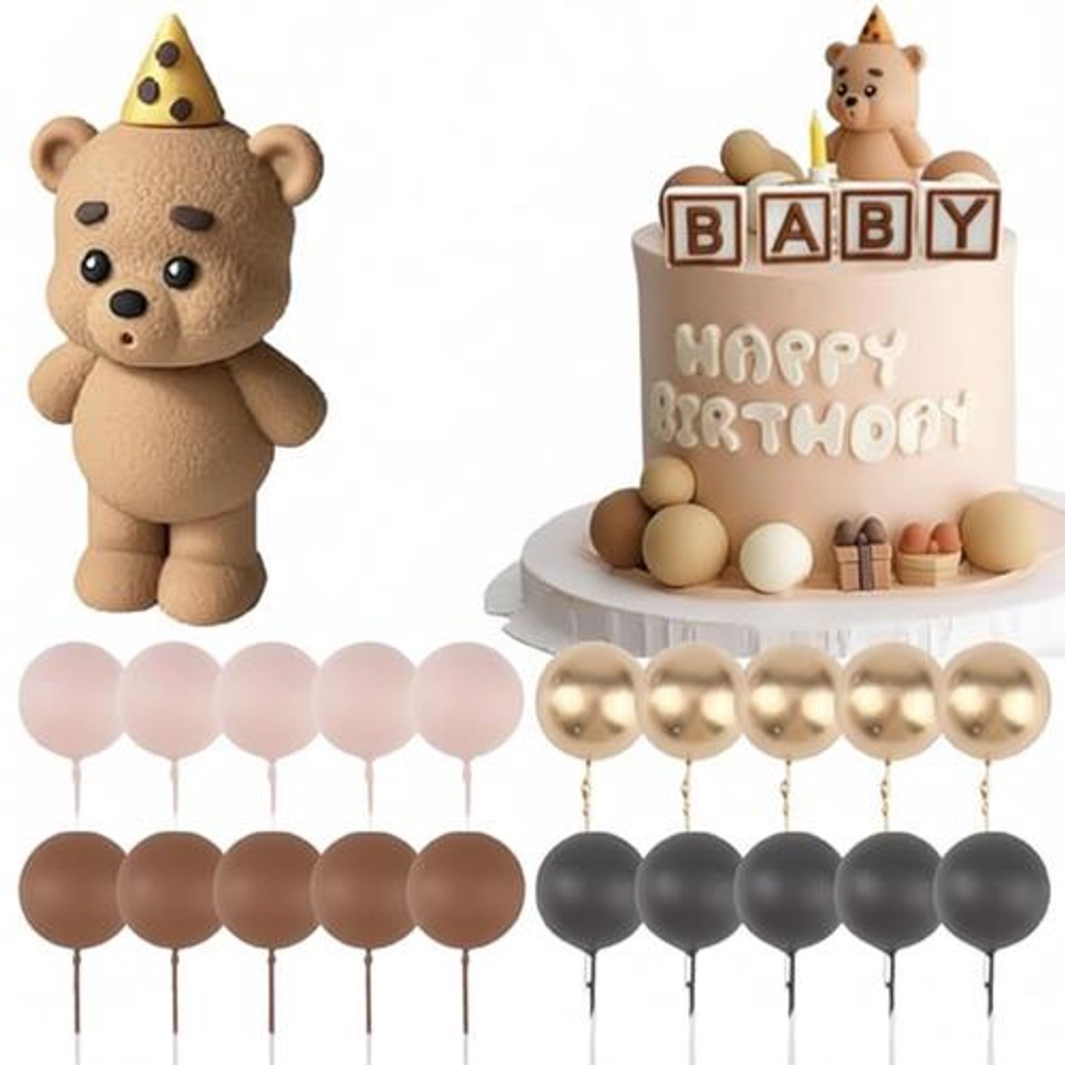 25 stuks Kind Taartdecoratie Beer Bruin - Teddybeer Taarttoppers met BABY Letters - Babyshower Taartdecoratie Set