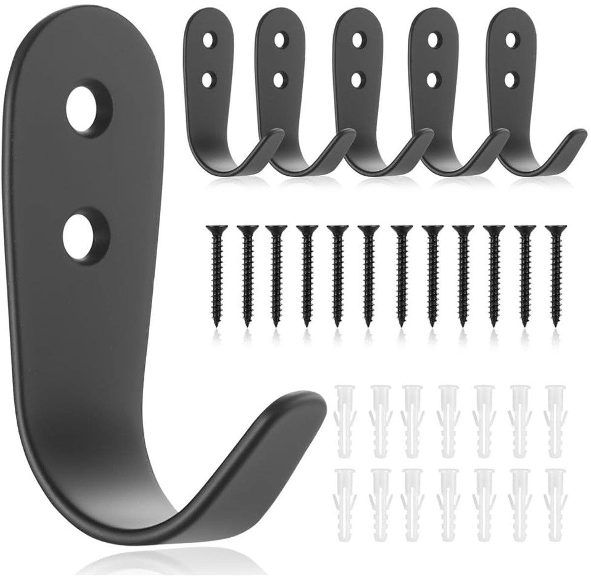 Dailygoods - Set van 6 grote zwarte kledinghaken - Wandhaken voor jassen en handdoeken