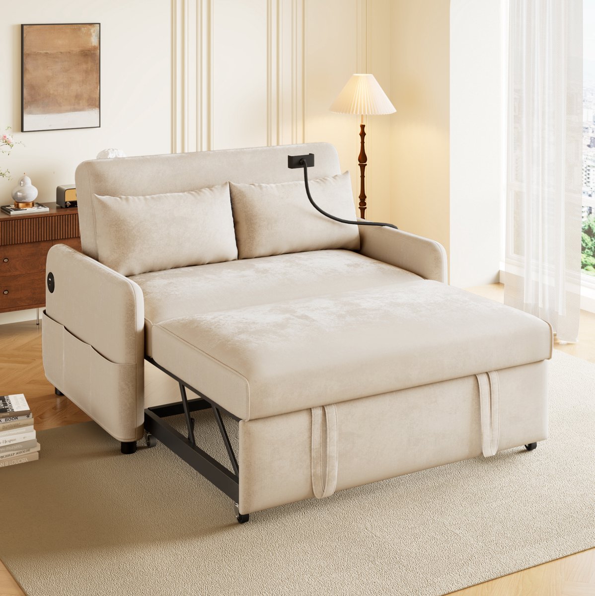 HAUSS SPOLE Slaapbank - 2-Zits Loveseat - Uitklapbaar Met Verstelbare Rugleuning, USB-Poorten En Telefoonhouder - Woonkamer - Chenille Beige