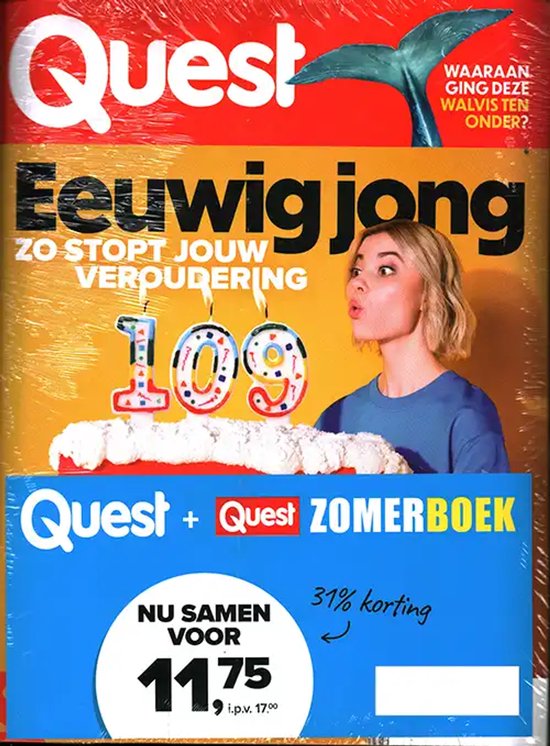 Quest tijdschrift met 'Eeuwig jong' thema, vrouw met kaarsjes 109, walvisstaart en 'Quest + Quest Zomerboek' aanbieding.