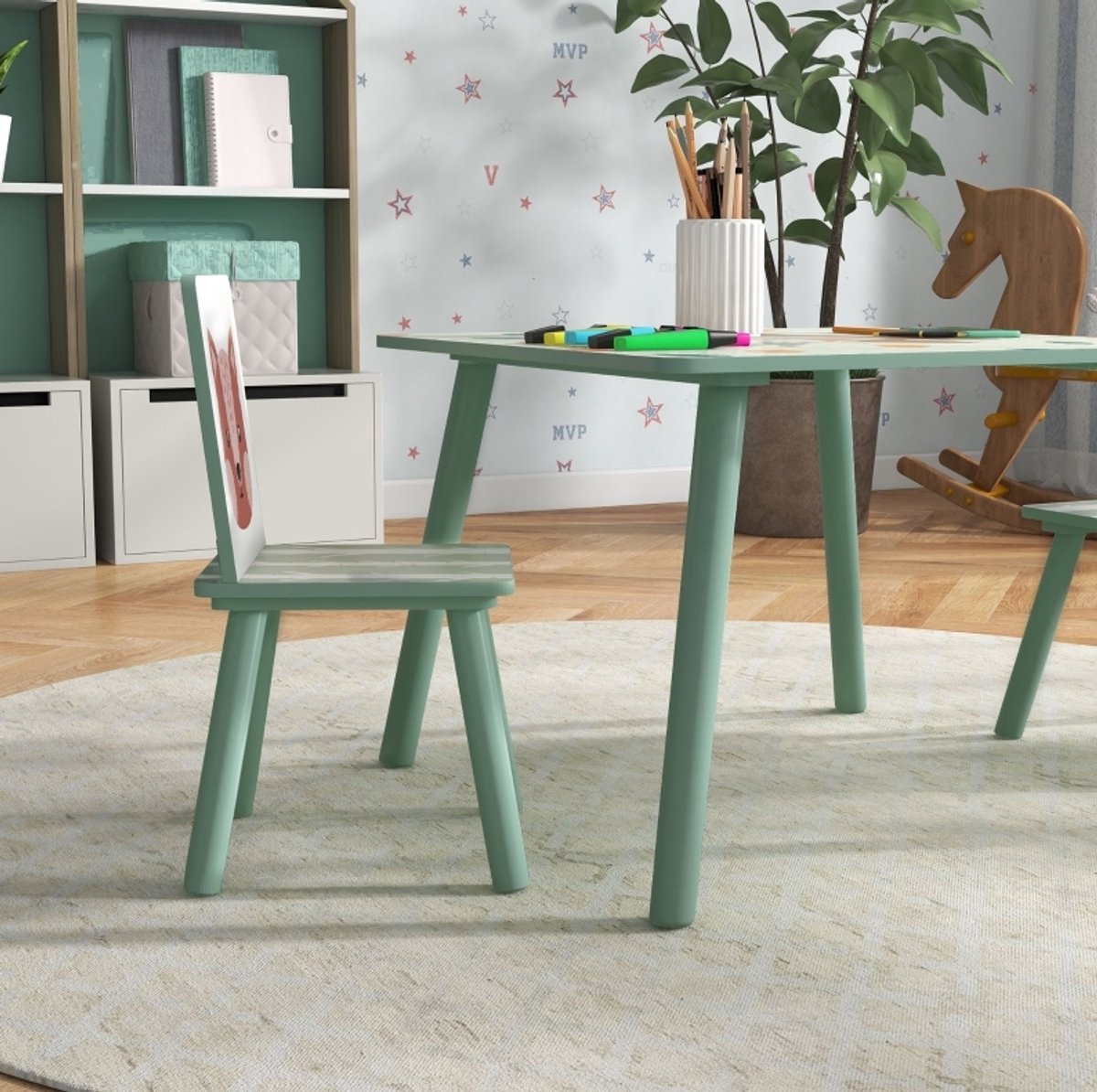 MEUNIQ Kindertafel en stoelen set met 2 stoelen, 60 x 60 x 44 cm, houten kindertafel met dierenmotief voor kinderkamer en speelkamer, groen