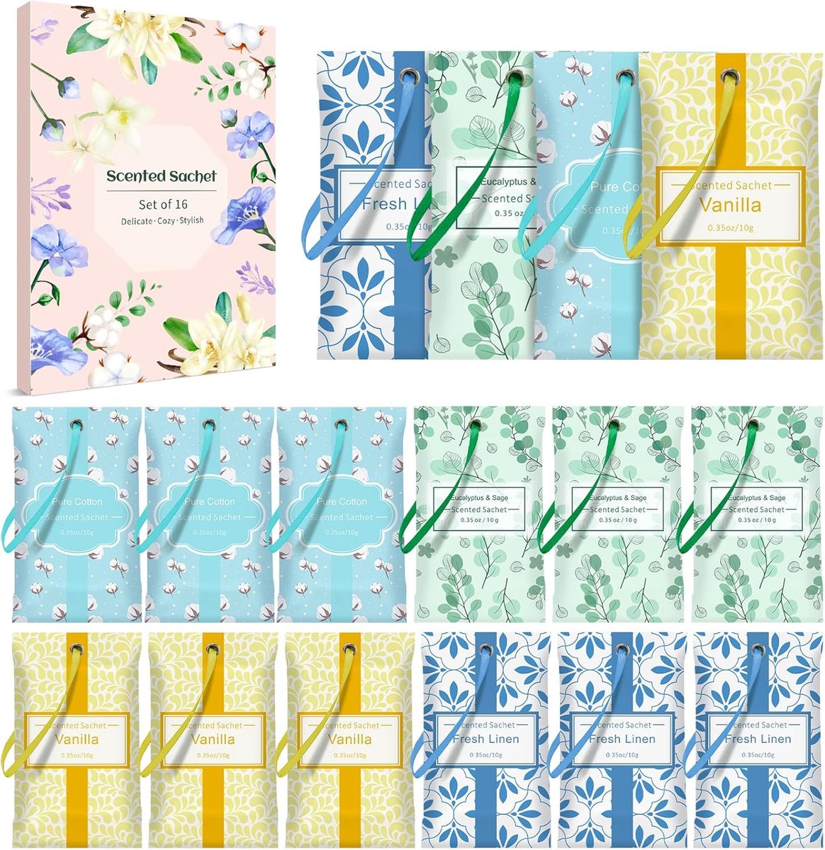 SnelShoppen - Fragrance Bags Mix - 16 Geurzakjes voor Lades en Kasten - Vanille, Eucalyptus, Salie, Katoen - Langdurige Geur voor Slaapkamer en Auto