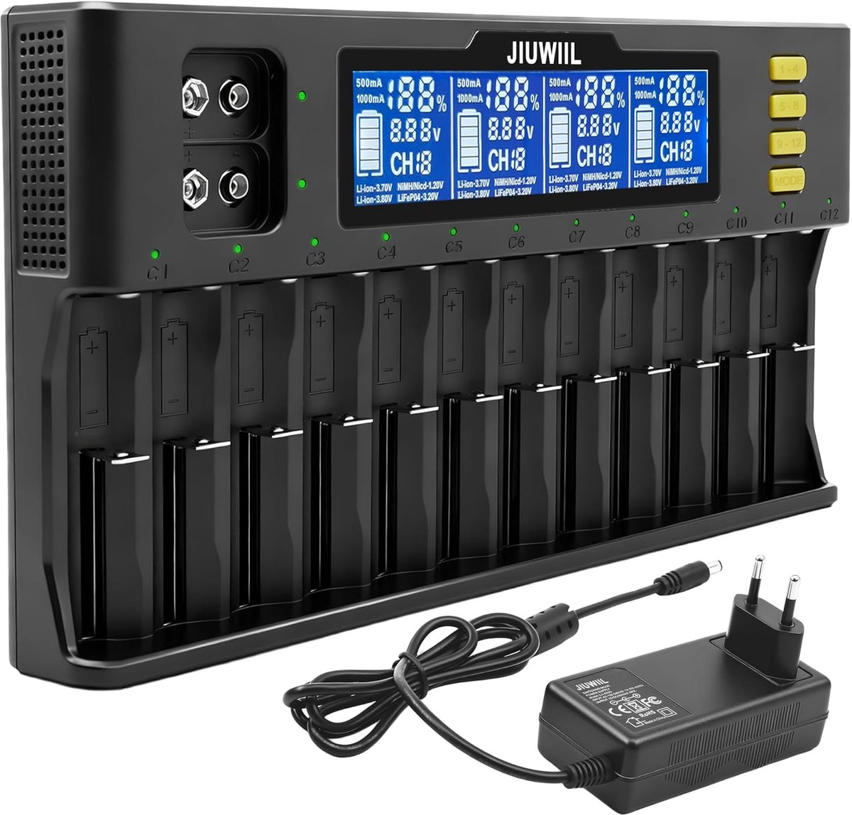 Thijox - 18650 Acculader met 12 + 2 Bakken, Snel Opladen, Universele Acculader met LCD-display voor Li-Ion, LiFePO4, NI-MH/NI-Cd, Geschikt voor 26650,