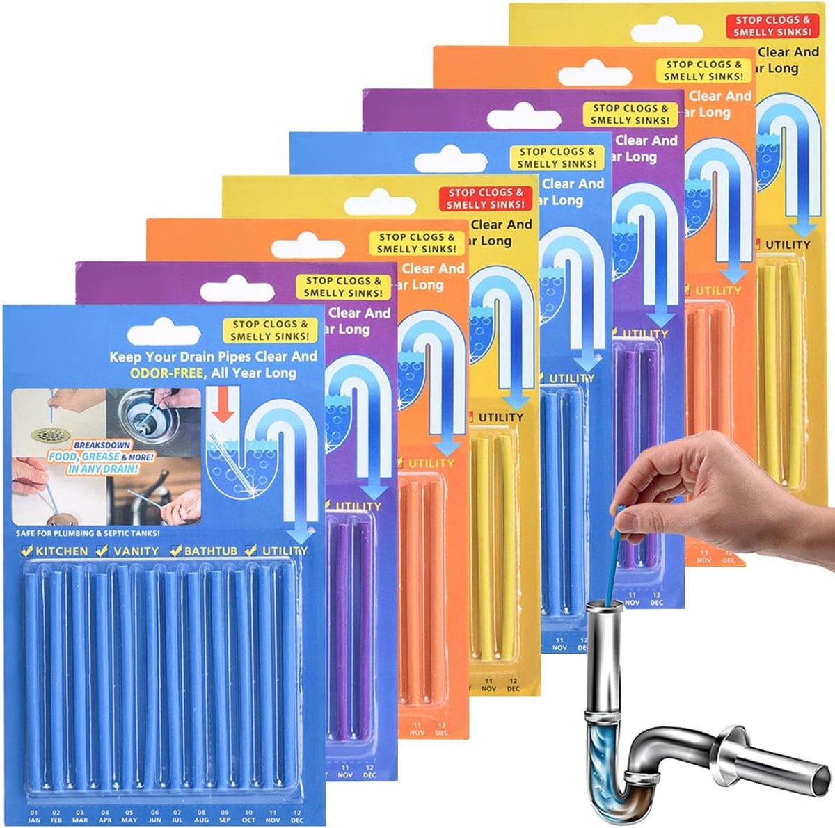Thijox - Enzym Afvoer Ontstopper Sticks - 96 PCS Enzymatische Reinigingsstokken voor Toiletten, Leidingen, Riolen en Vloerafvoeren - 4 Kleuren (Blauw,