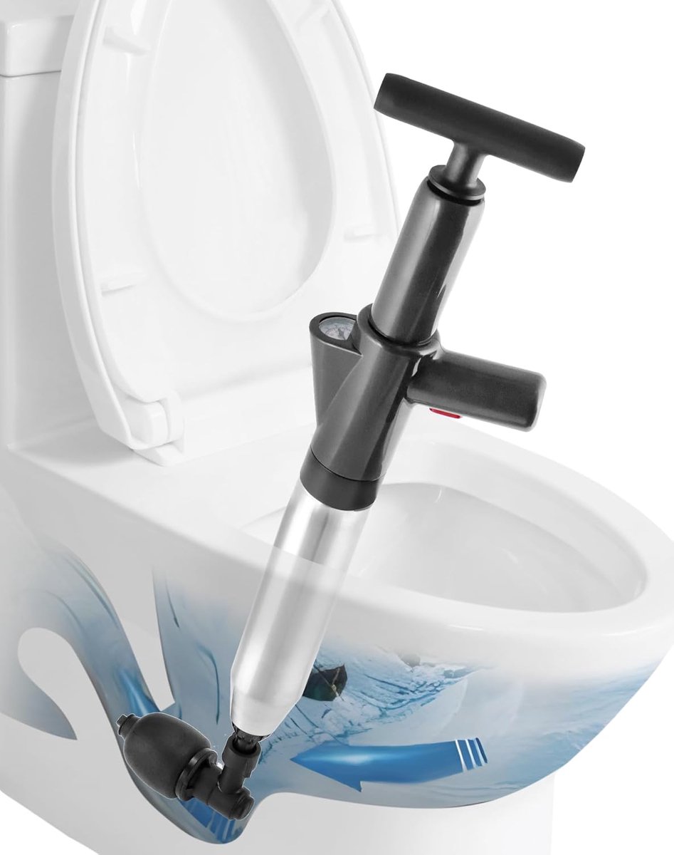 Thijox - Afvoerreiniger Pomp Hoge Druk, Leidingenreiniger met Drukmeter, Voor Toilet, Wastafel, Vloersolput, Verstopte Afvoer, Inclusief 4 Verwisselba