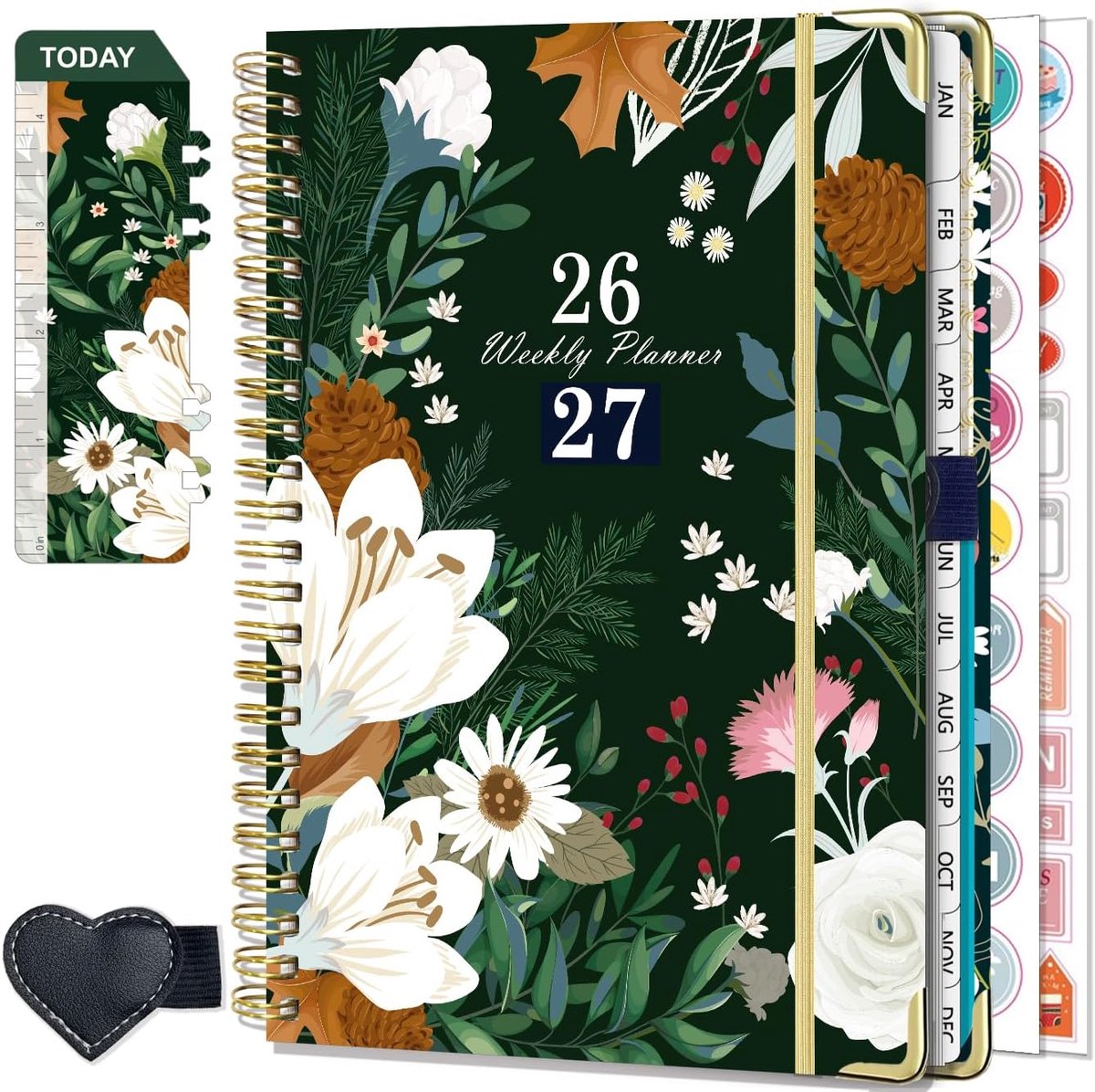 Thijox - NEYSA Agenda 2025 2026 Spiraal Weekplanner A5 met Planningsstickers, Pennenlus en Etui - Groene Schoolagenda van juli 2025 tot juni 2026