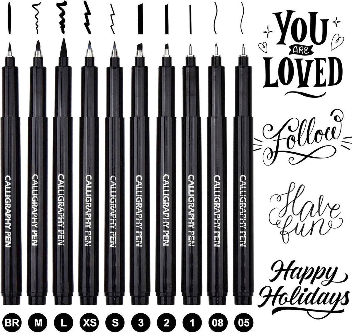 Thijox - Kalligrafiepennen Set 10 Maten - Sneldrogend en Niet-Giftig Zwarte Fineliners en Penseelpennen voor Beginners - Handlettering, Bullet Journal