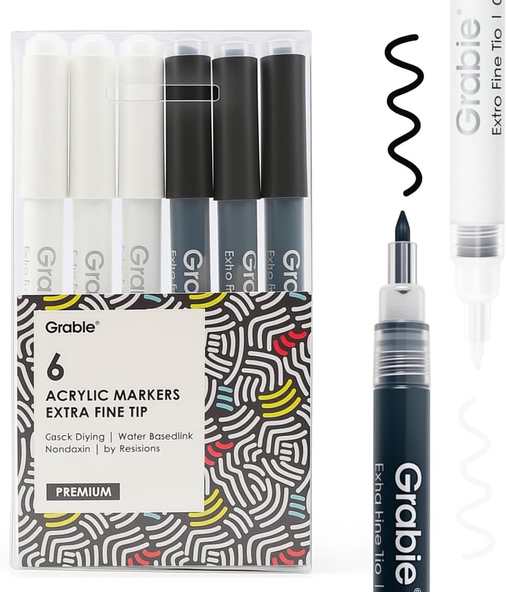 Thijox - Acrylmarkers Zwart & Wit, 6 Stuks - 3 Zwarte & 3 Witte Pennen met 0.7mm Fijne Punt - Ideaal voor Steen, Glas & Keramiek, Perfect voor DIY Pro