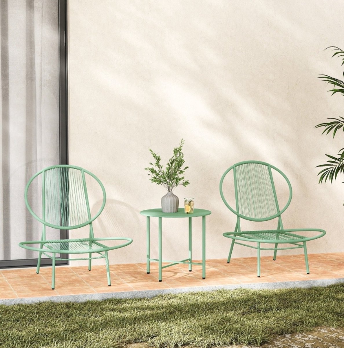 DESMIU Bistroset 3 Delig - Ronde Tafel Met 2 Ergonomische Stoelen - Voor Balkon En Tuin - Water En Roestbestendig Staal - Groen
