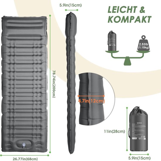 Thijox - Zelfopblazend Luchtmatras 12 cm Hoog met Voetperspomp - Compacte en Lichte Slaapmat met Kussen voor Camping, Wandelen, Reizen en Strand - Gri van Thijox — afbeelding 3