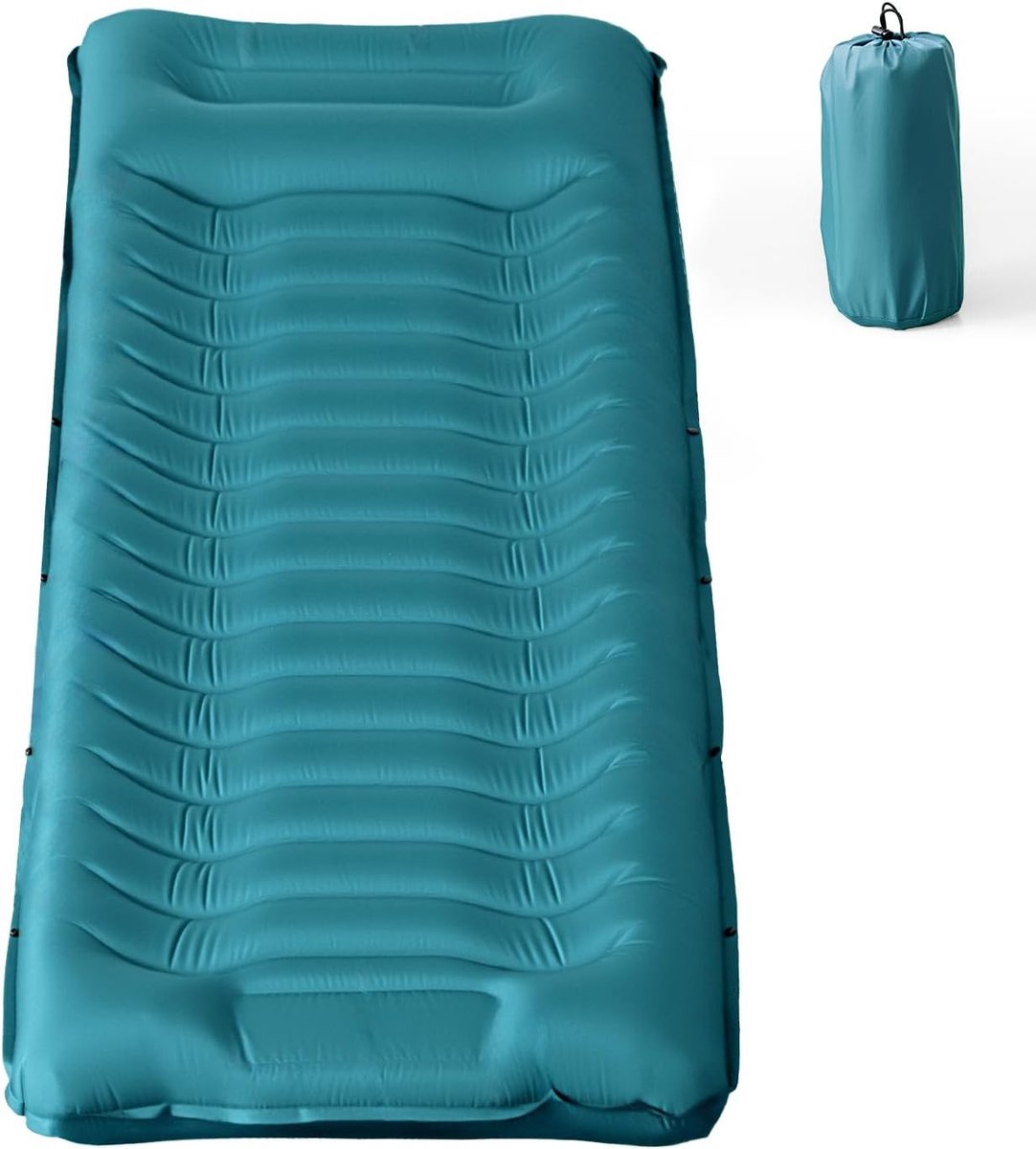Thijox - Opblaasbare Campingslaapmat met Kussen, Waterdicht en Scheurbestendig 50D Nylon, Enkele Luchtmatras met Ingebouwde Voetpomp, Blauwgroen 190x6